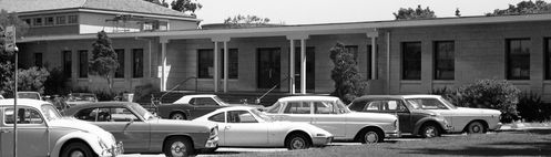 cars parked in front of old Sequoia Hall in 1974