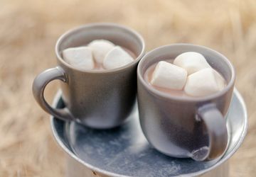two mugs of hot cocoa with extra large marshmallows on top